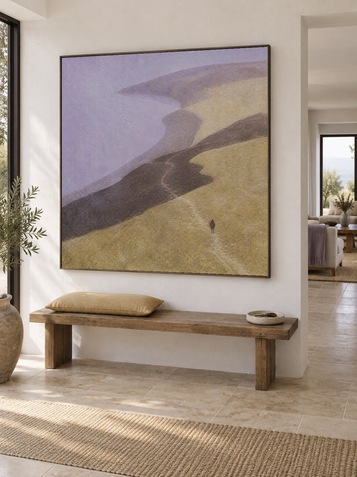 Minimalist Coastal Landscape Canvas Painting With Solitary Figure In Beige And Purple