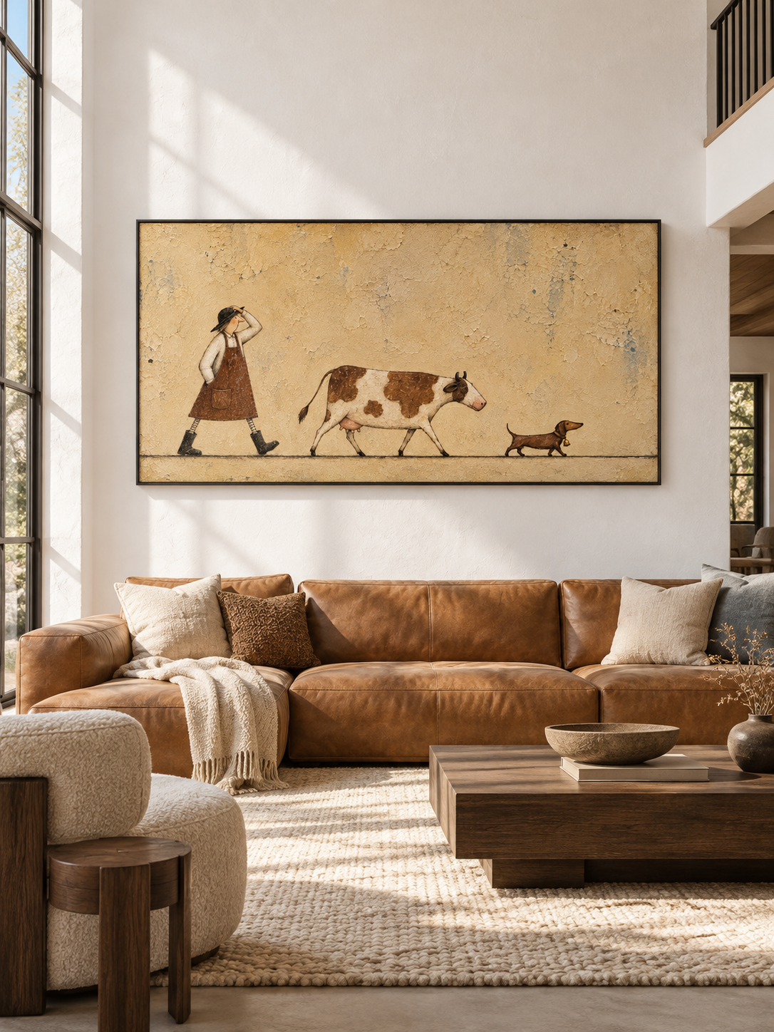 Minimalist Cow And Dachshund Painting Whimsical Rural Life Canvas Wall Art Artwork