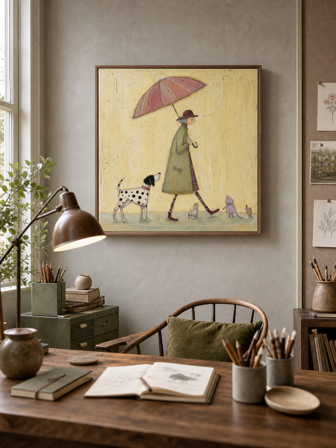 Vintage Dog Painting With Lady And Umbrella For Cozy Home Decor