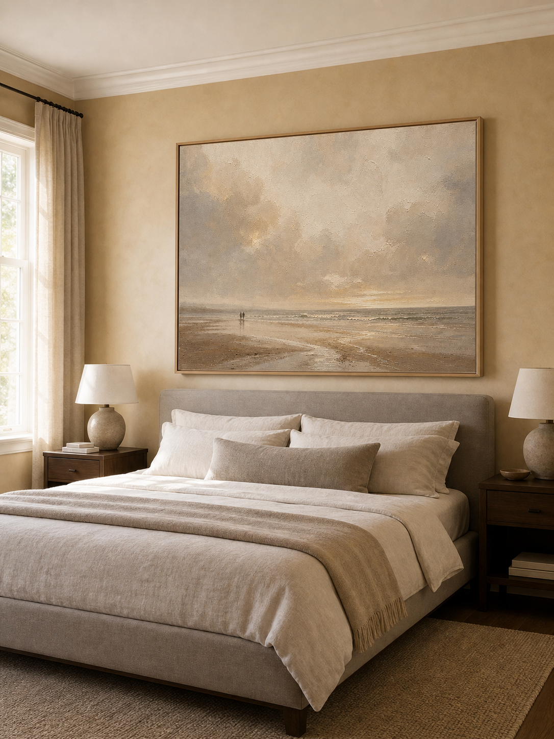 Minimalist Neutral Beach Oil Painting Large Vintage Ocean Canvas Art