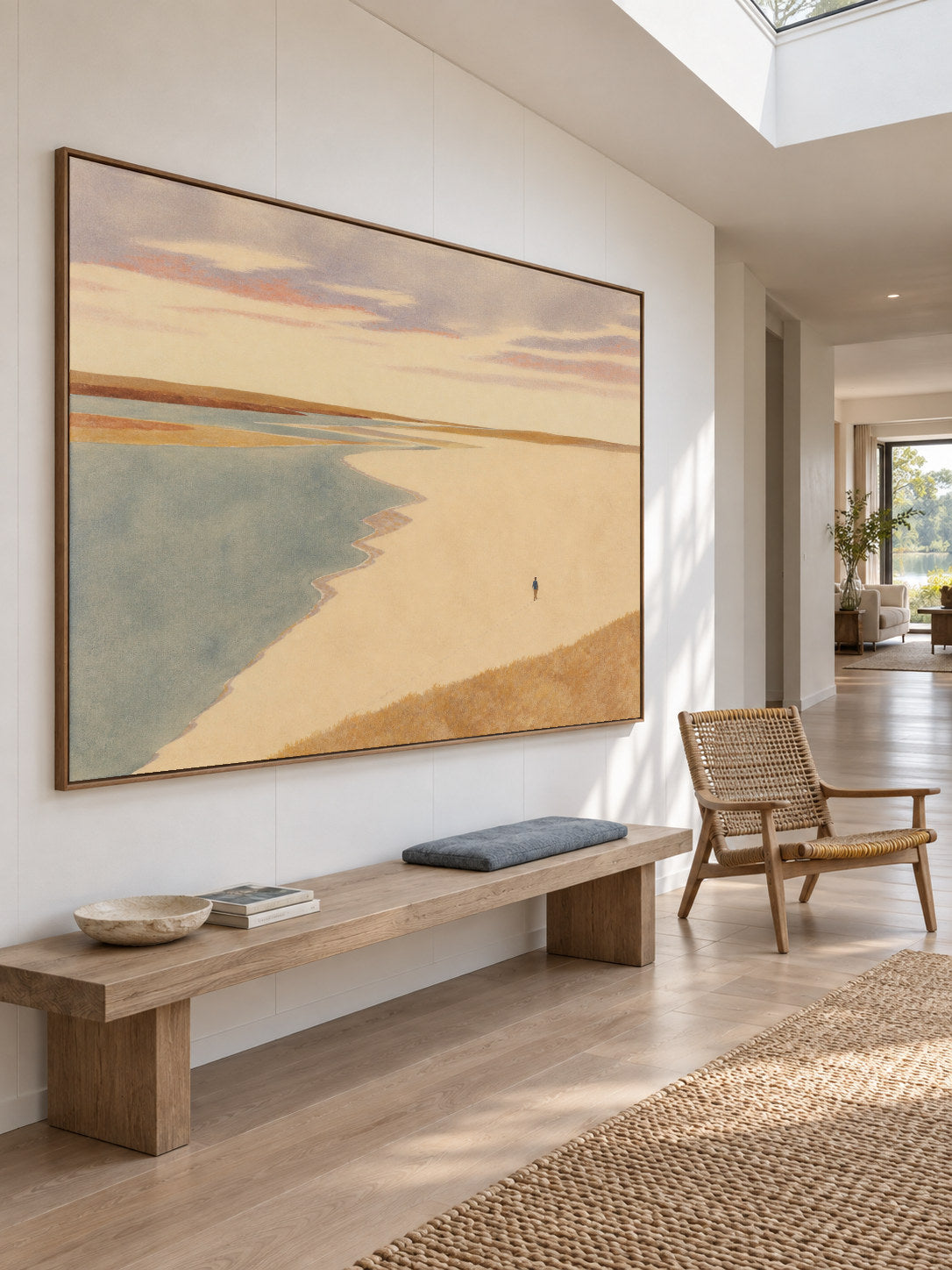 Warm Gold Estuary Landscape Canvas Art With Lone Walker For Bedroom Decor