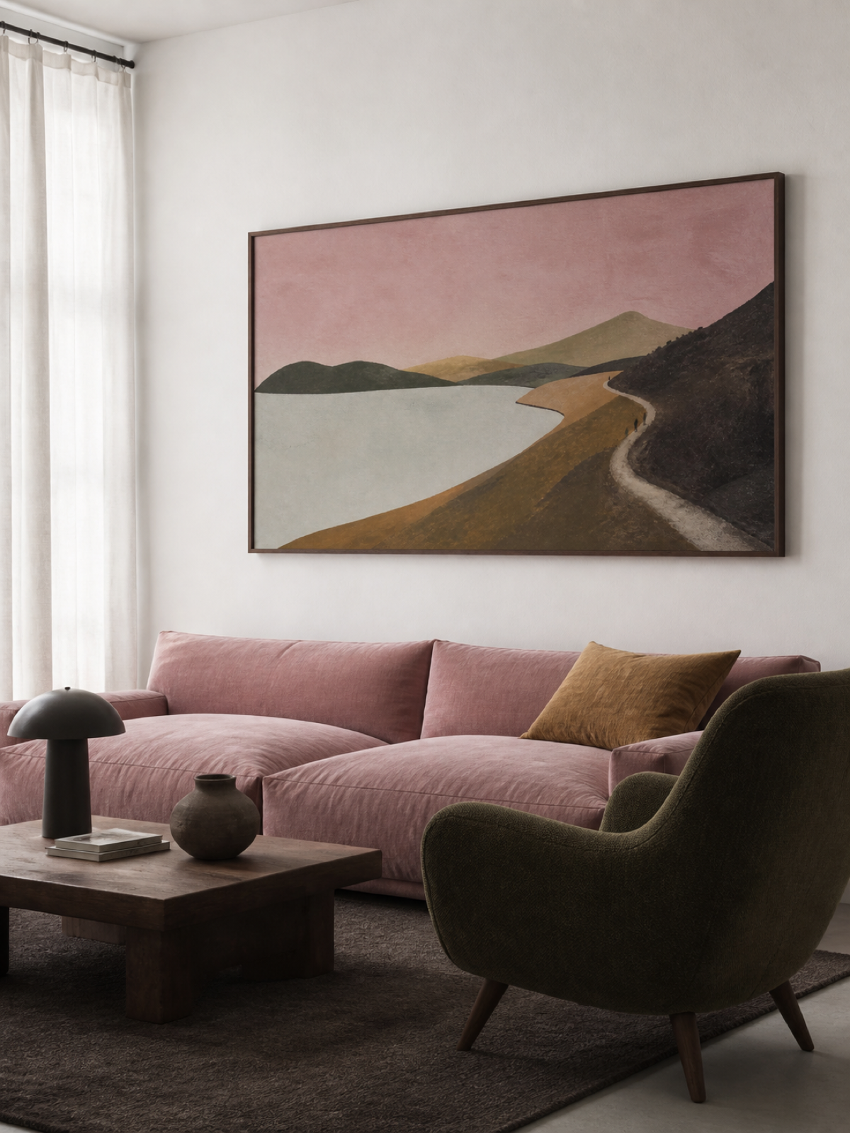 Minimalist Mountain Lake Painting With Tiny Travelers In Pink Sky Hand-Painted Canvas Art