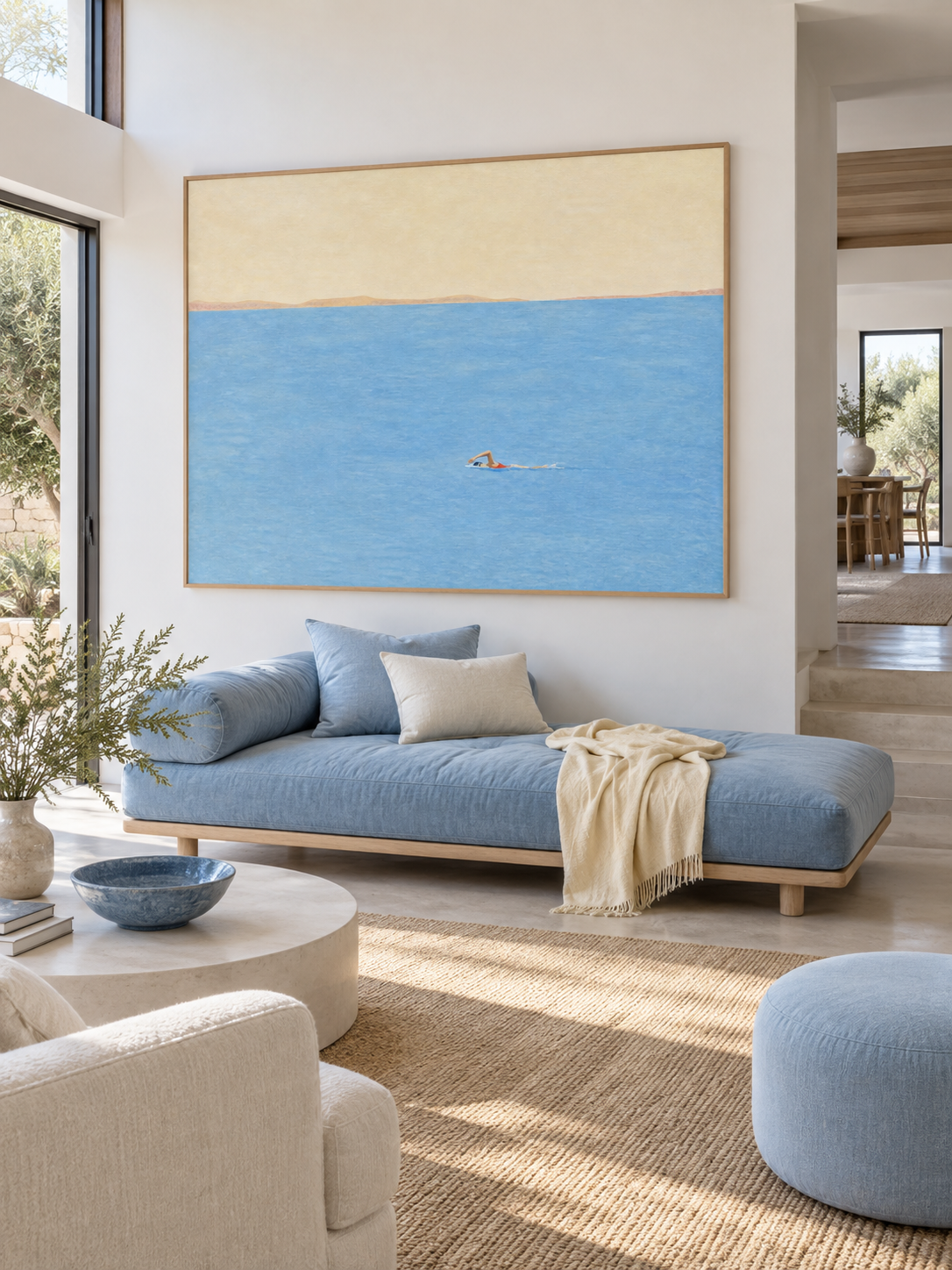 Minimalist Freestyle Swimmer Art For Serene Coastal Interior Design Spaces
