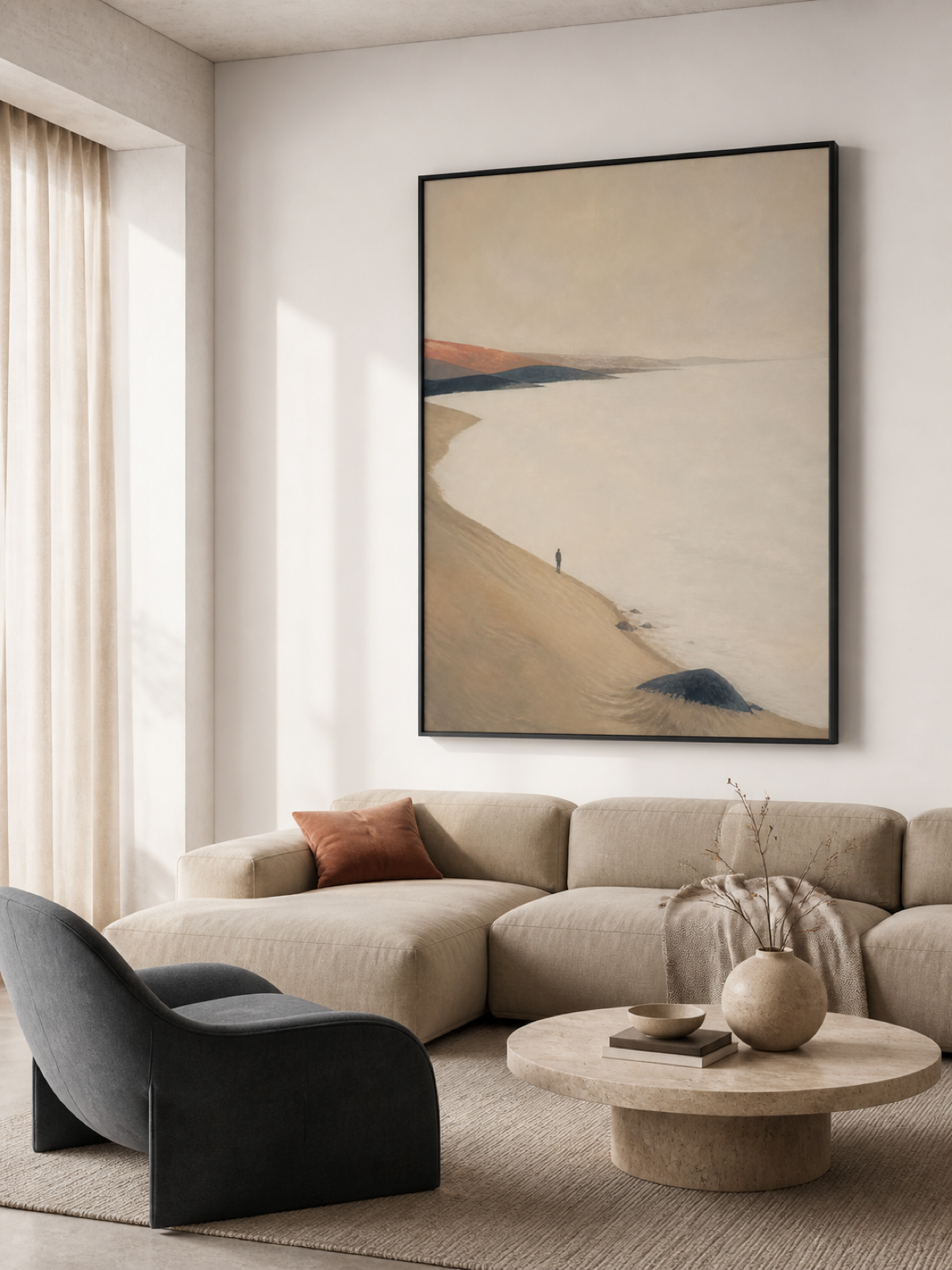 Lone Traveler On Coastal Dunes Hand-Painted Canvas Art In Beige And Grey