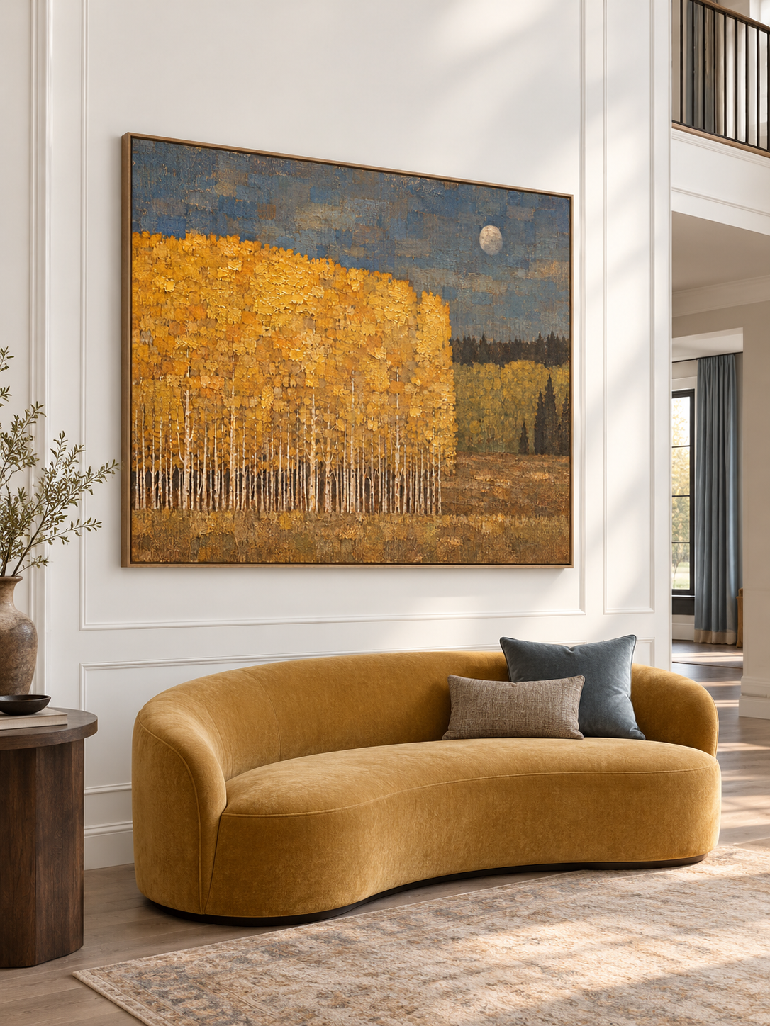 Large Autumn Birch Forest Oil Painting Contemporary Moonlit Landscape Art Artwork