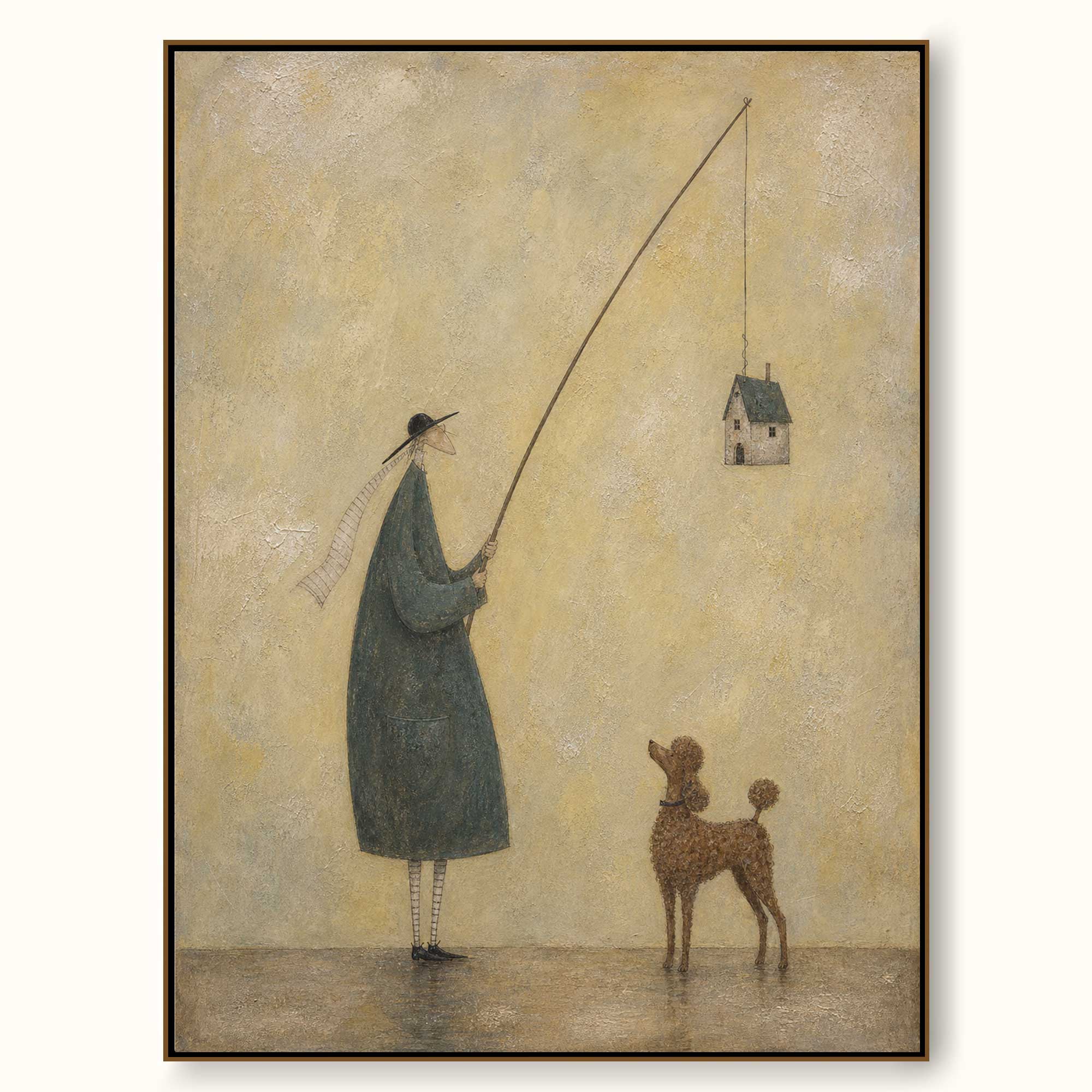 Large Man With House And Poodle Oil Painting Handmade Whimsical Wall Art