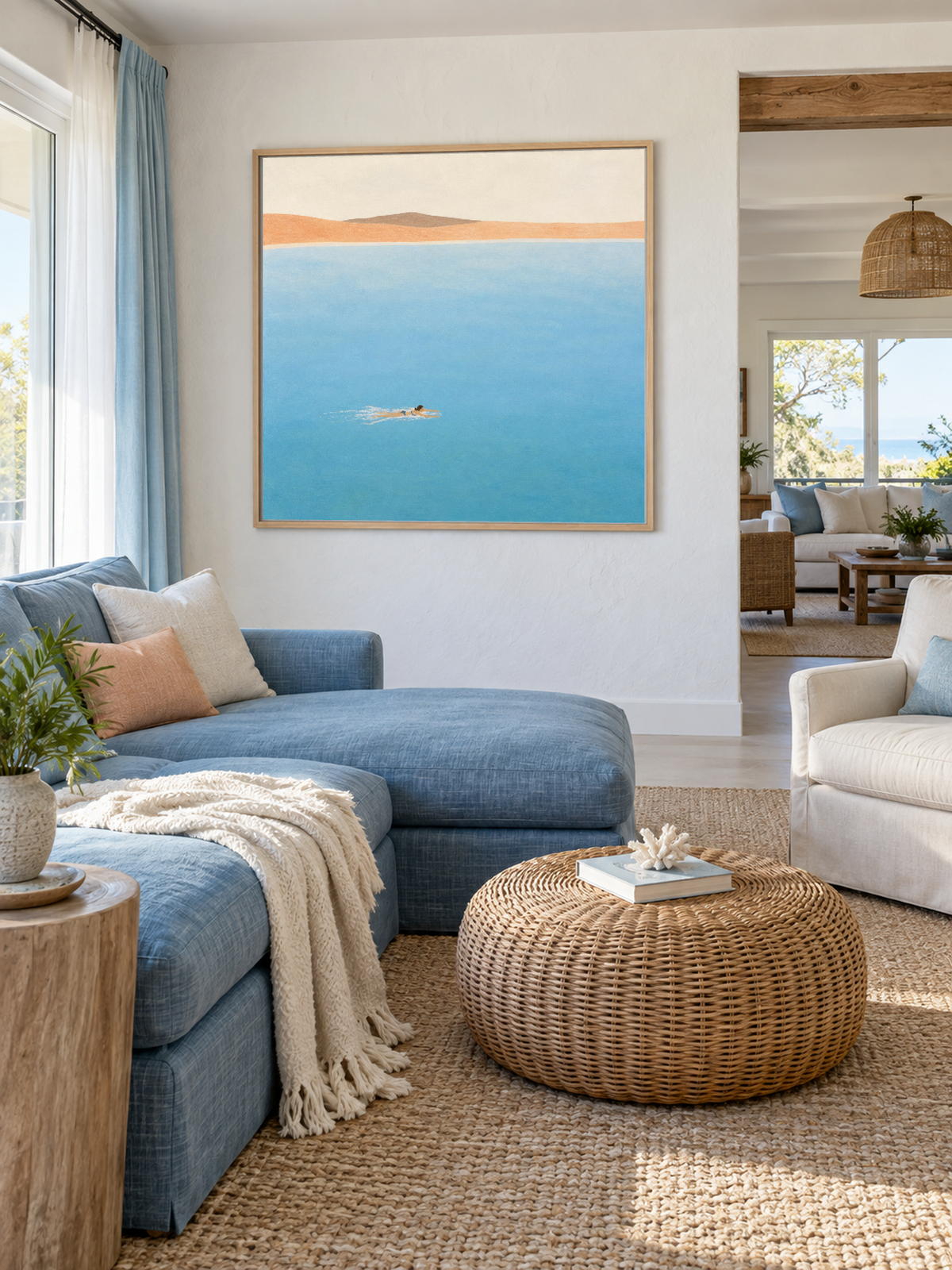 Woman Swimming In Blue Sea Hand-Painted Canvas Art With Distant Shore