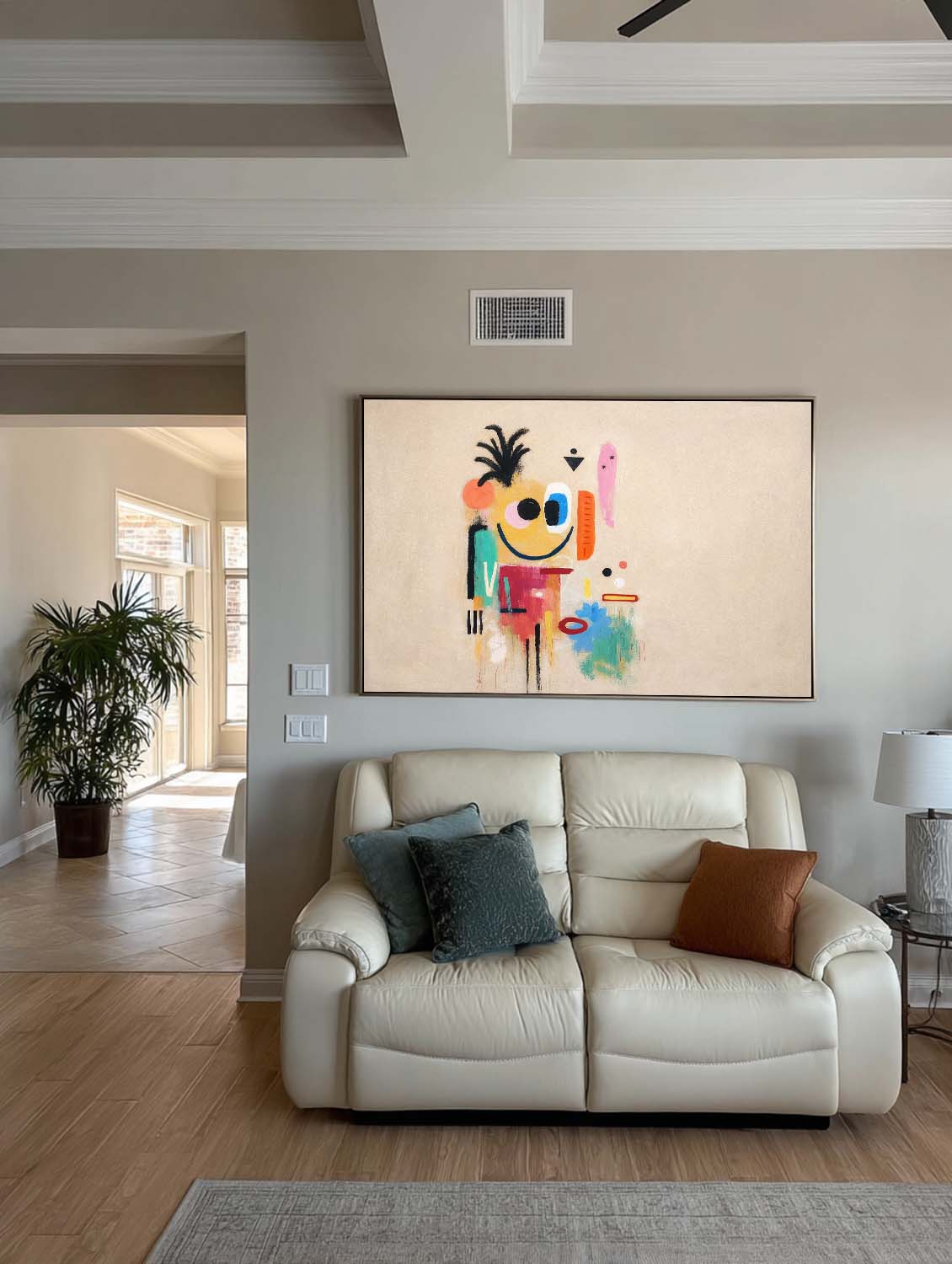 Large Horizontal Beige Abstract Character Painting With Artistic Texture For Modern Home