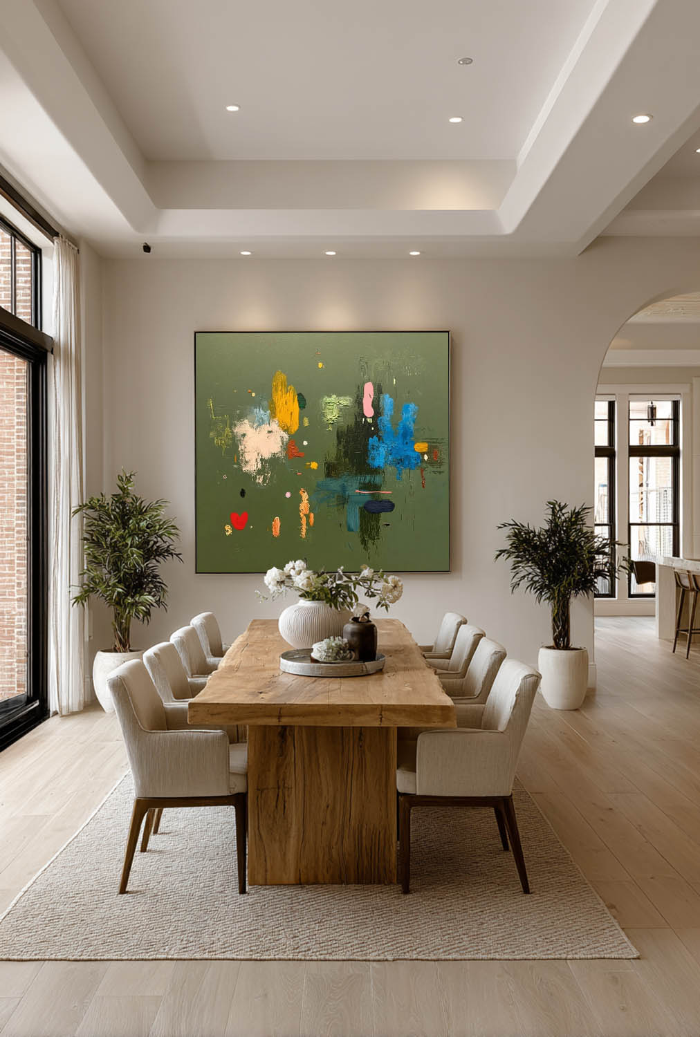 Original Handmade Colorful Abstract Painting On Green Canvas Colorful Square Canvas For Modern Interiors