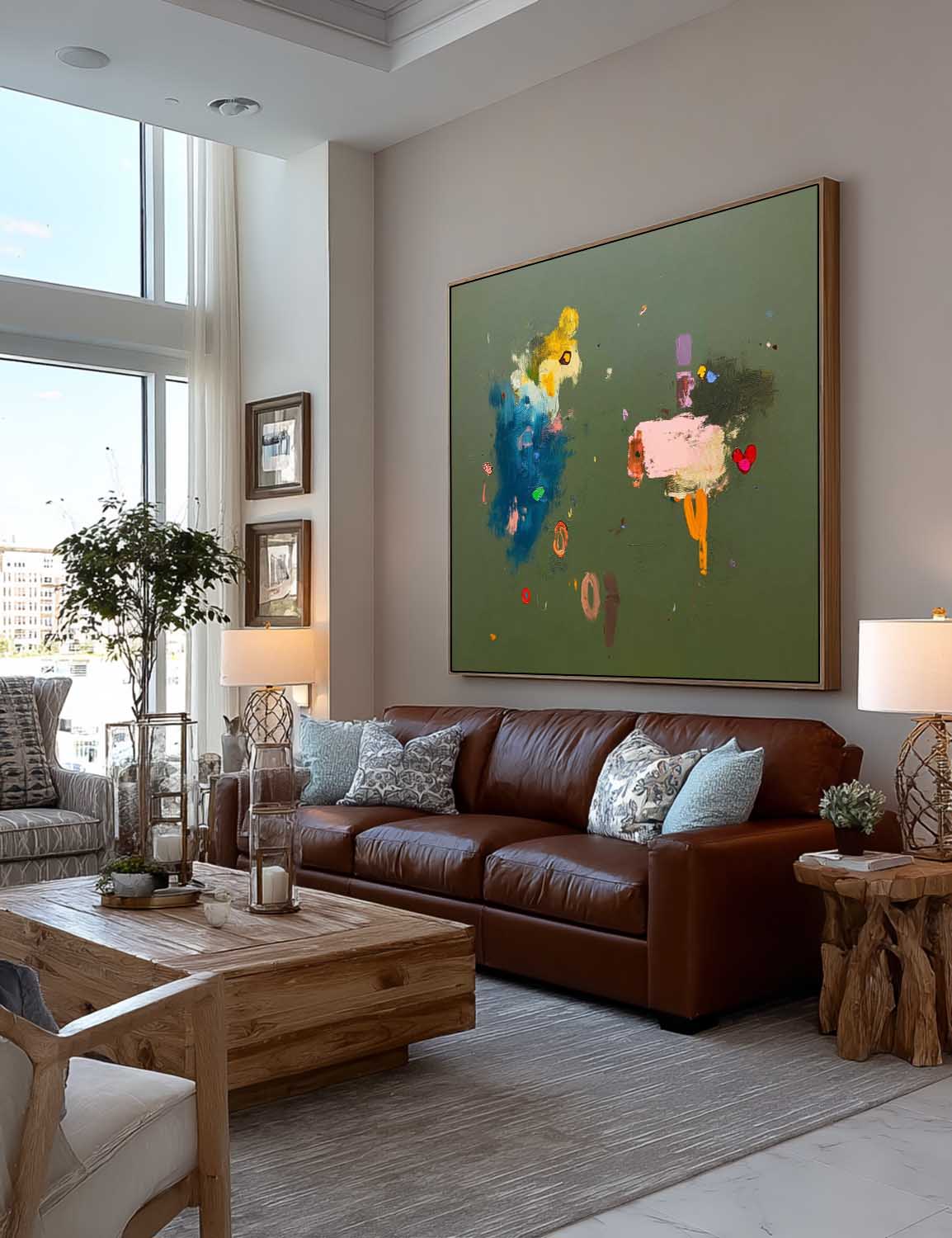 Handmade Colorful Abstract Painting On Green Background Modern Colorful Painting For Living Room Decor