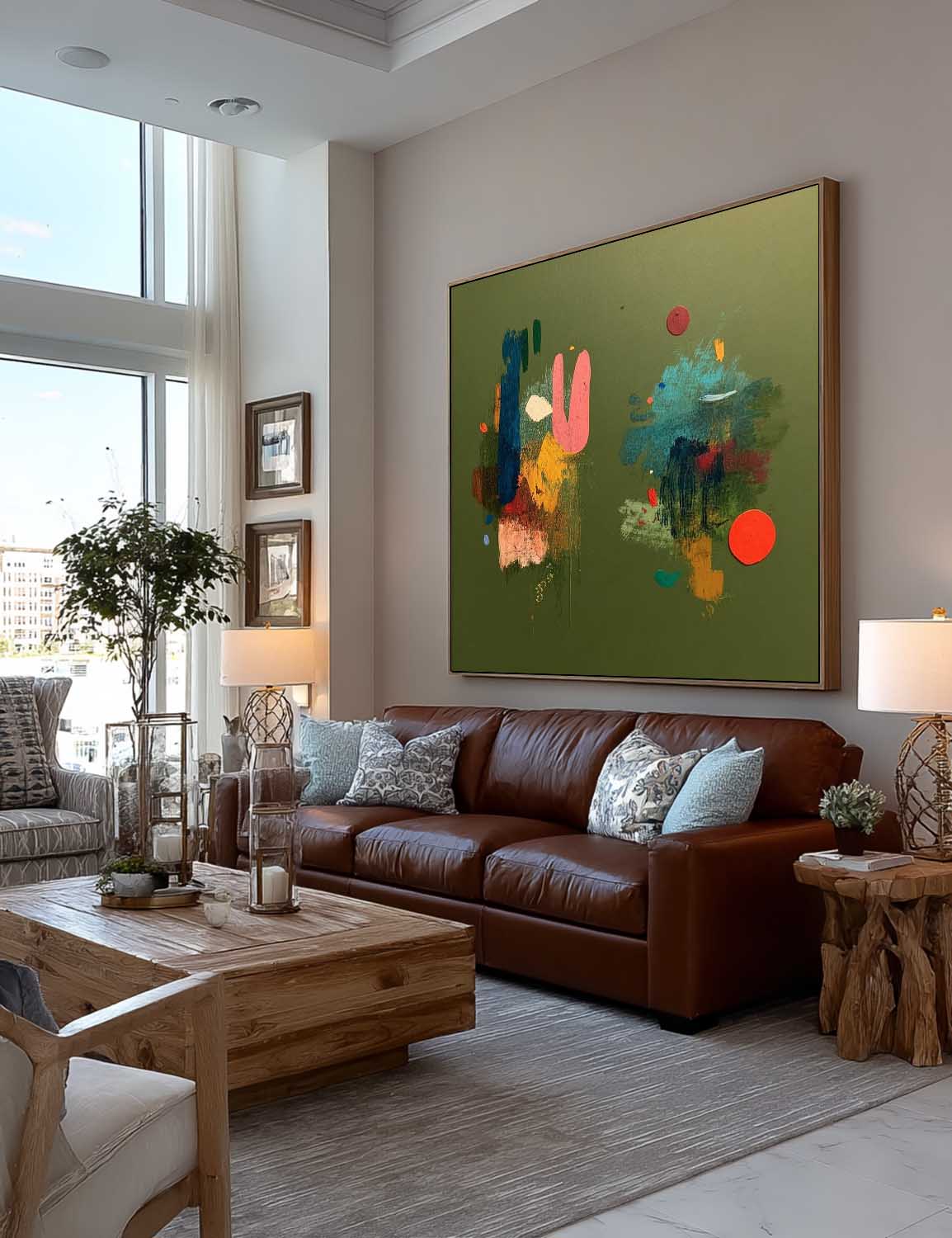 Original Handmade Colorful Abstract Oil Painting On Green Canvas Large Square Textured Modern Art