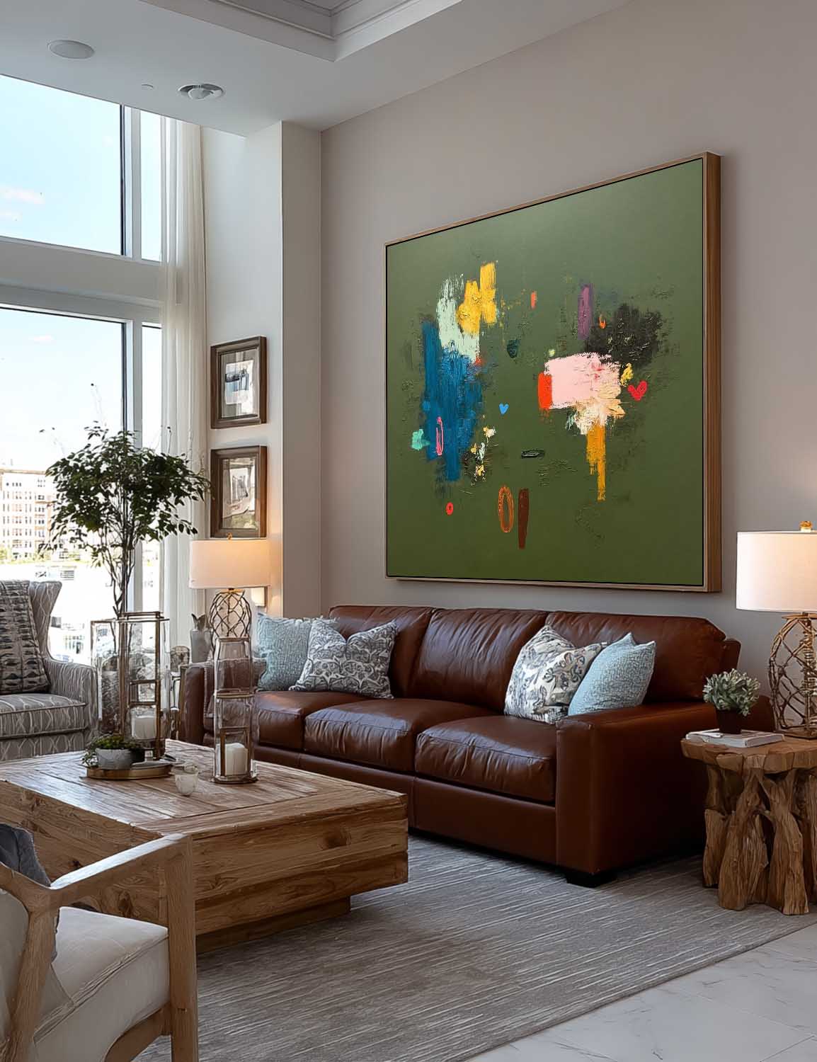 Original Handmade Colorful Oil Painting On Green Canvas Large Square Abstract Canvas Wall Art