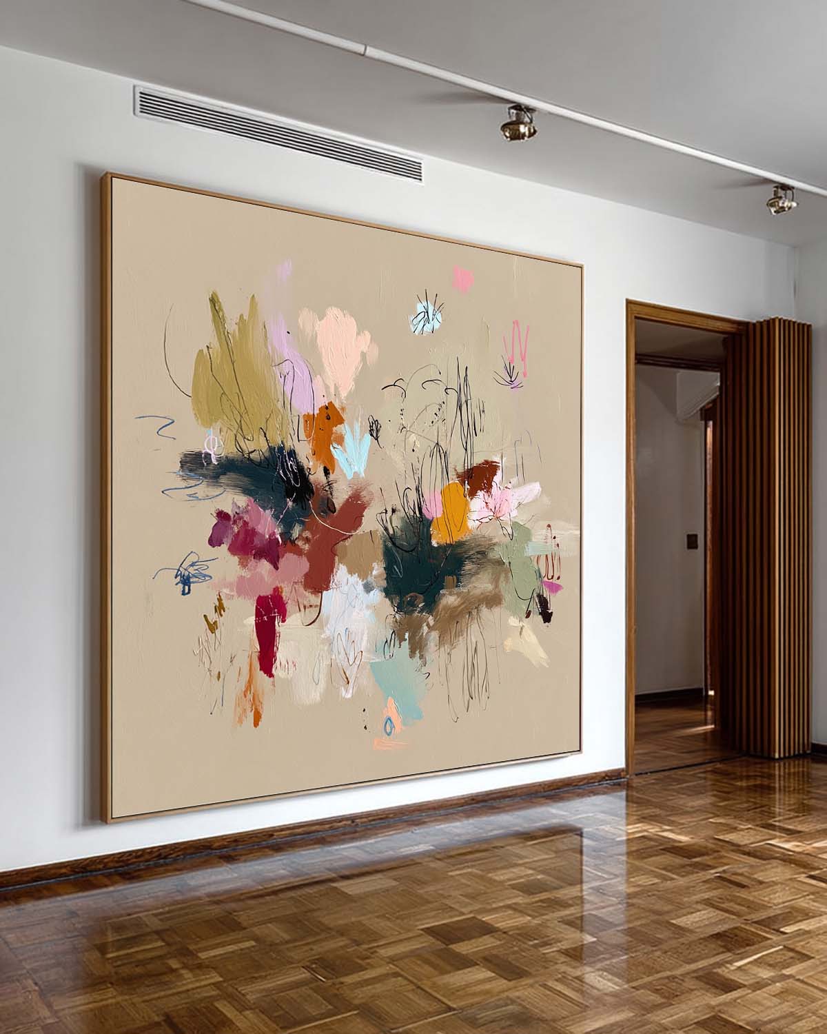 Handmade Abstract Expressionist Wall Art On Beige Canvas Original Colorful Painting For Contemporary Interiors