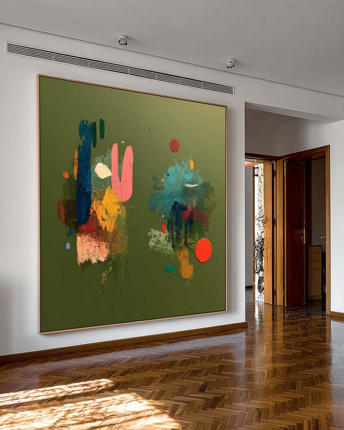 Original Handmade Colorful Abstract Oil Painting On Green Canvas Large Square Textured Modern Art