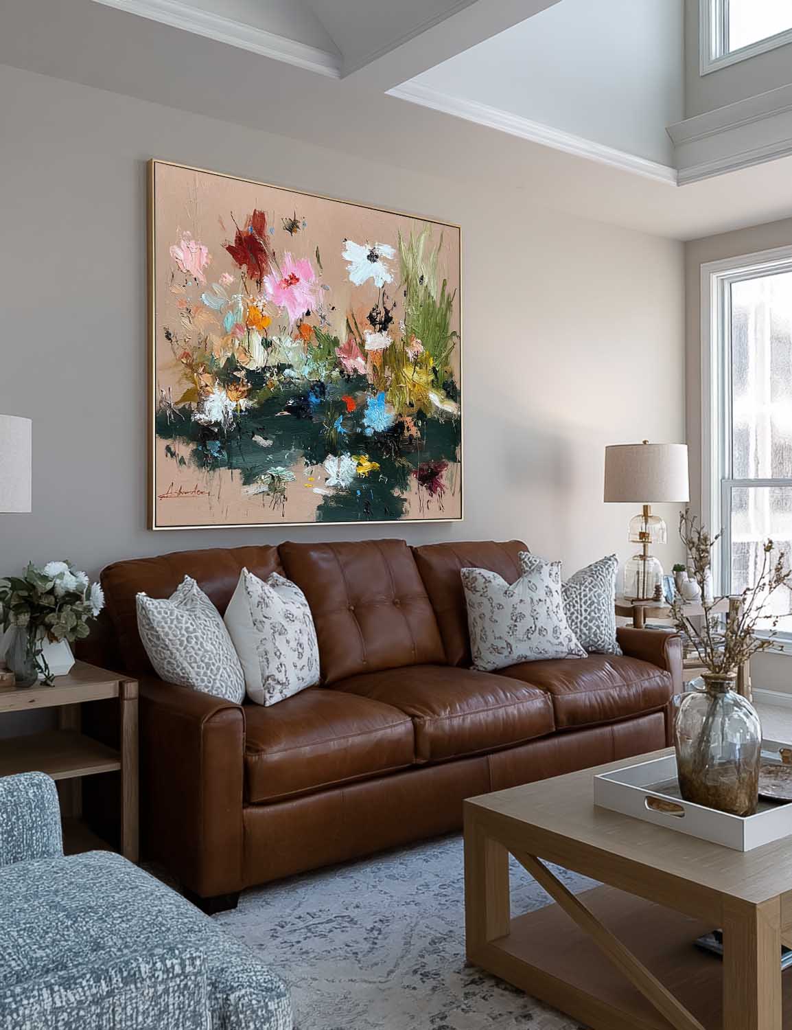 Large Square Floral Abstract Oil Painting With Heavy Impasto Sculptural Strokes For Modern Art Gallery Decor