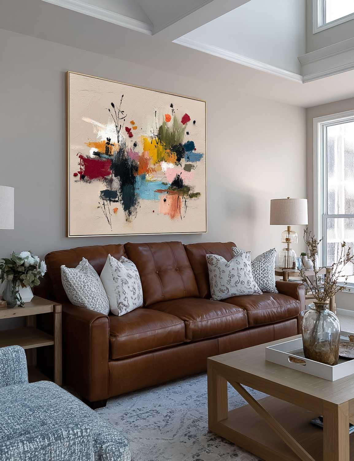 Minimalist Botanical Wall Art In Warm Beige And Pastel Pink Tones Square Original Painting For Organic Modern Home