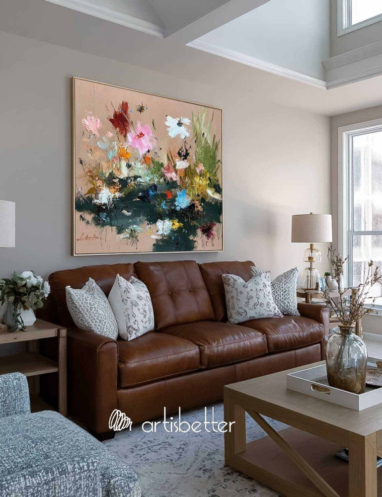 Large Square Floral Abstract Oil Painting With Heavy Impasto Sculptural Strokes For Modern Art Gallery Decor