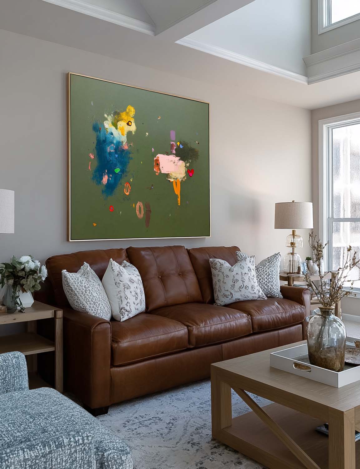 Handmade Colorful Abstract Painting On Green Background Modern Colorful Painting For Living Room Decor