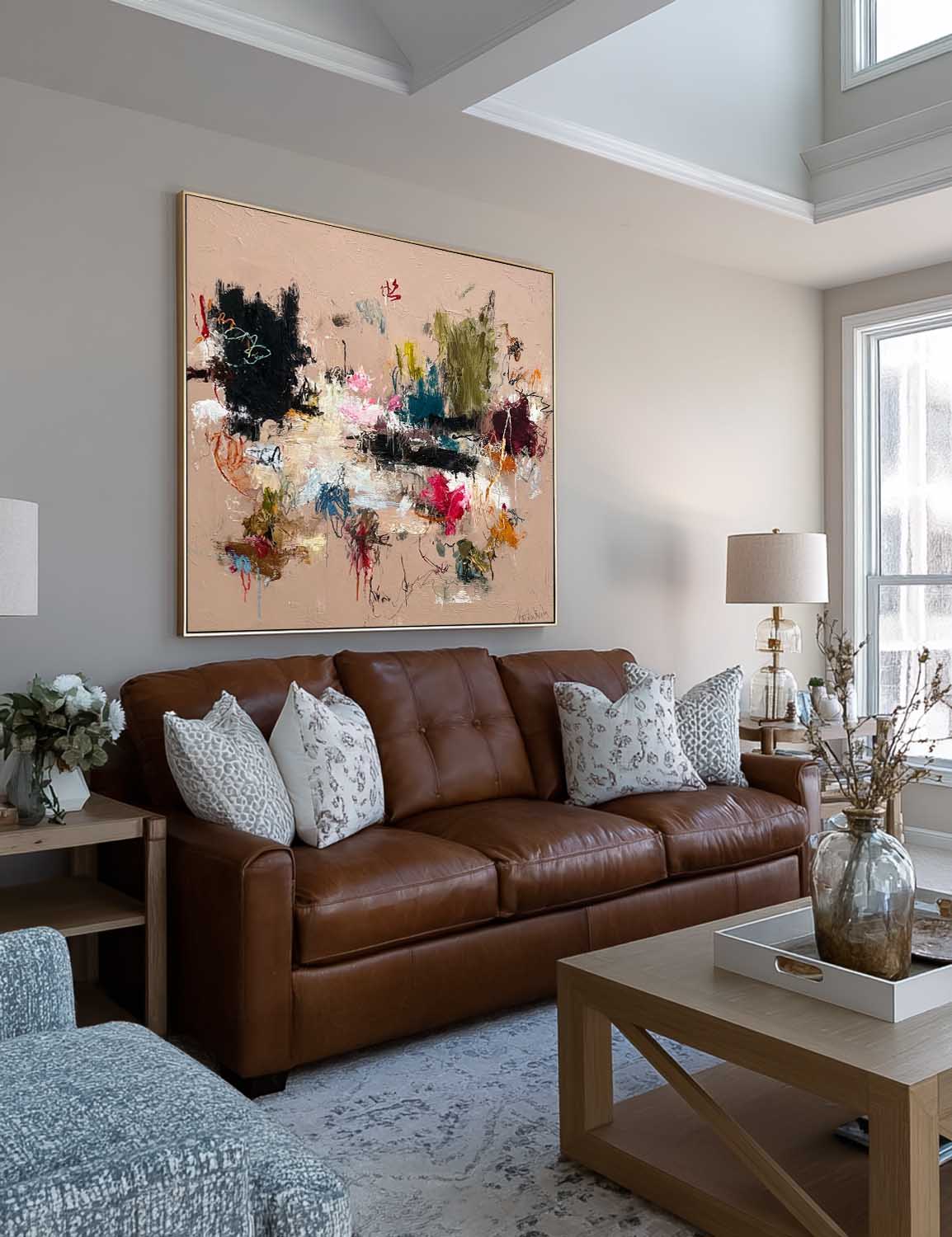 Large Square Minimalist Wall Art In Beige And Brown For Organic Modern Living Room