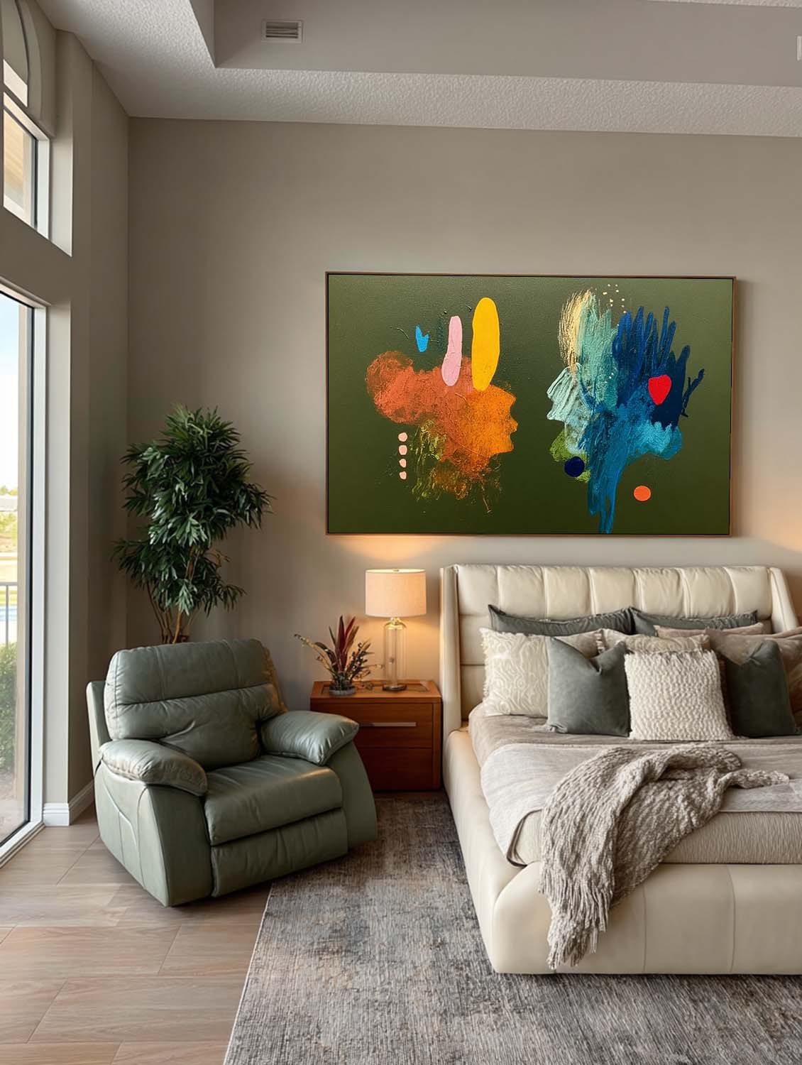 Minimalist Organic Modern Green Oil Painting Large Horizontal Framed Art For Mid-Century Home