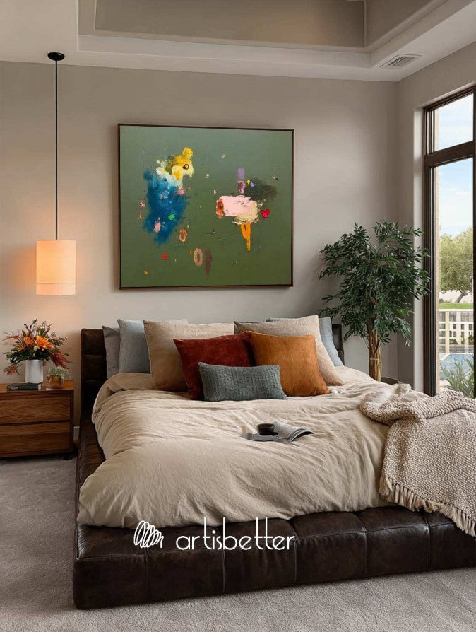 Handmade Colorful Abstract Painting On Green Background Modern Colorful Painting For Living Room Decor