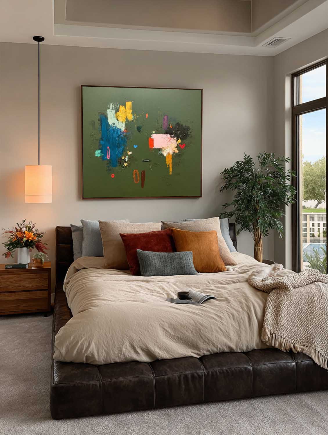 Original Handmade Colorful Oil Painting On Green Canvas Large Square Abstract Canvas Wall Art