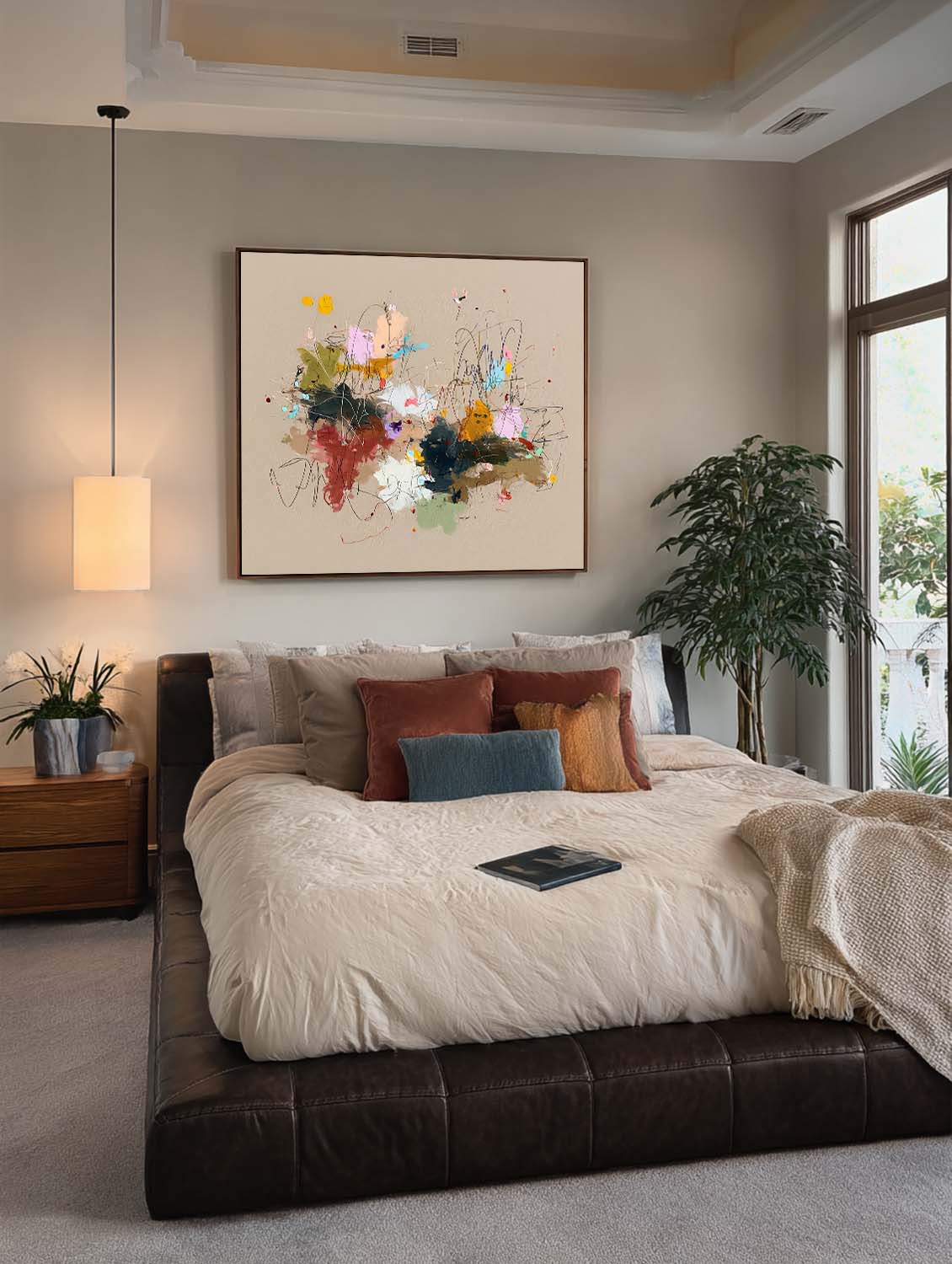 Original Abstract Expressionist Painting On Beige Canvas Colorful Abstract Art On Neutral Beige Background