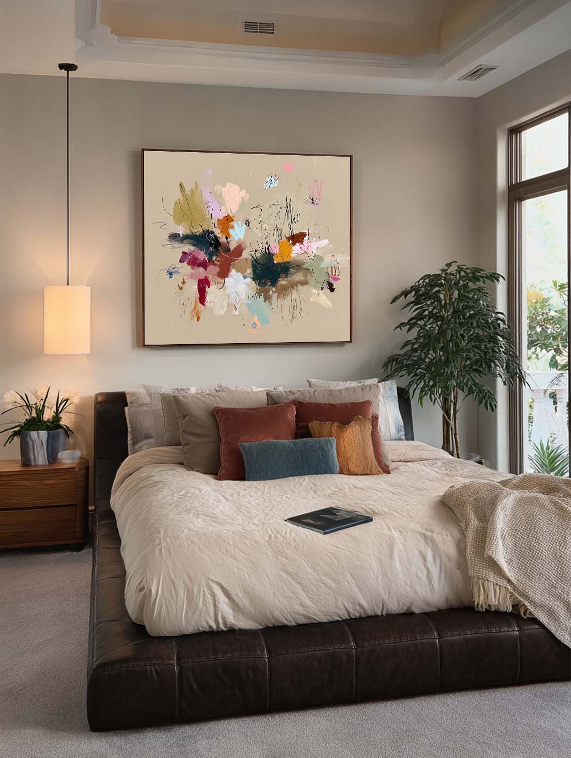 Handmade Abstract Expressionist Wall Art On Beige Canvas Original Colorful Painting For Contemporary Interiors
