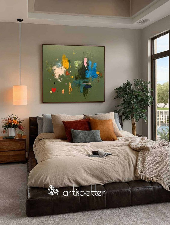 Original Handmade Colorful Abstract Painting On Green Canvas Colorful Square Canvas For Modern Interiors