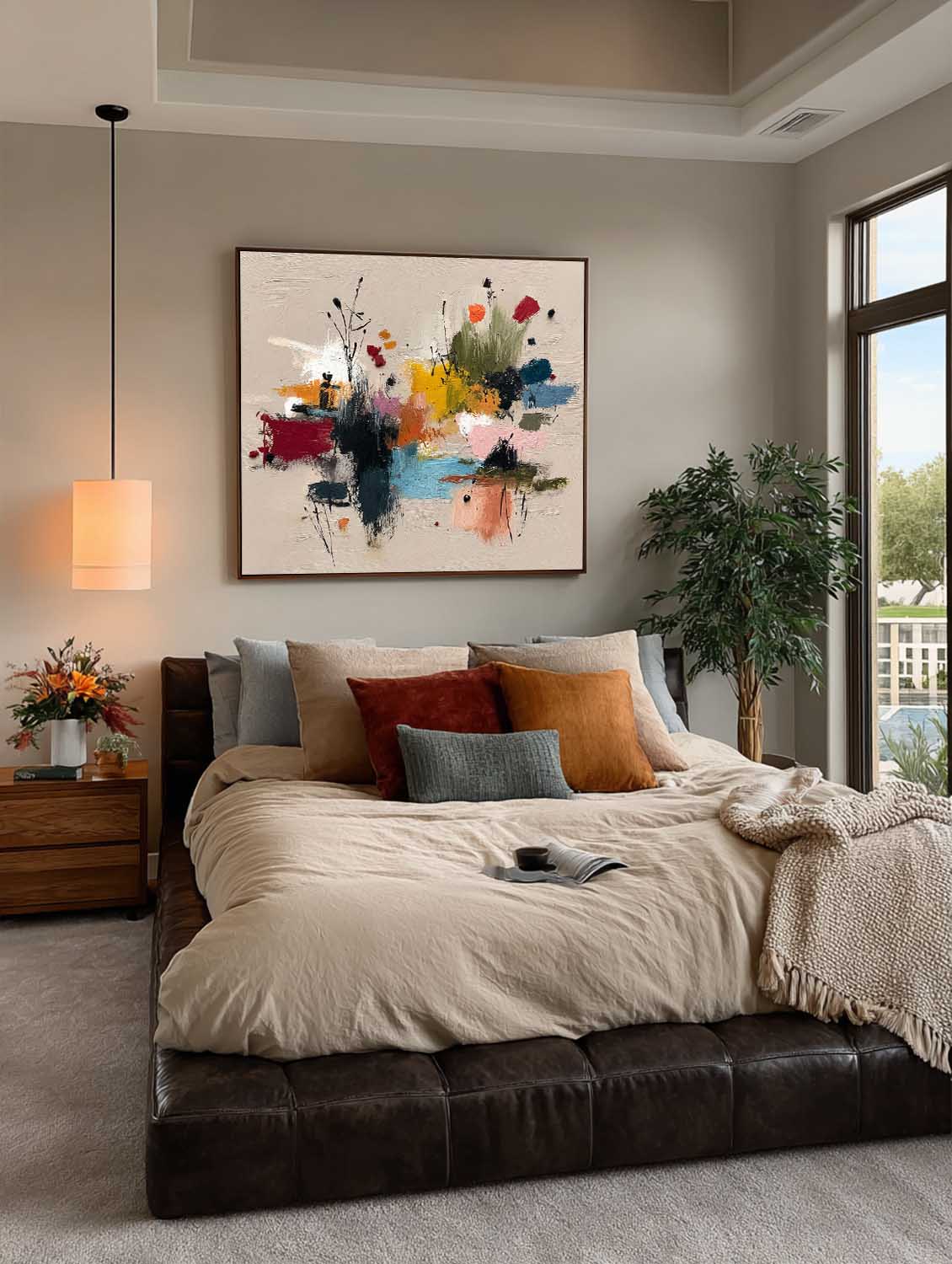 Minimalist Botanical Wall Art In Warm Beige And Pastel Pink Tones Square Original Painting For Organic Modern Home
