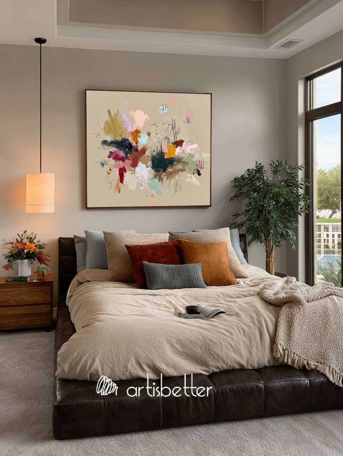 Handmade Abstract Expressionist Wall Art On Beige Canvas Original Colorful Painting For Contemporary Interiors