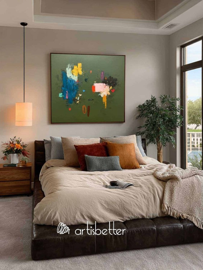 Original Handmade Colorful Oil Painting On Green Canvas Large Square Abstract Canvas Wall Art