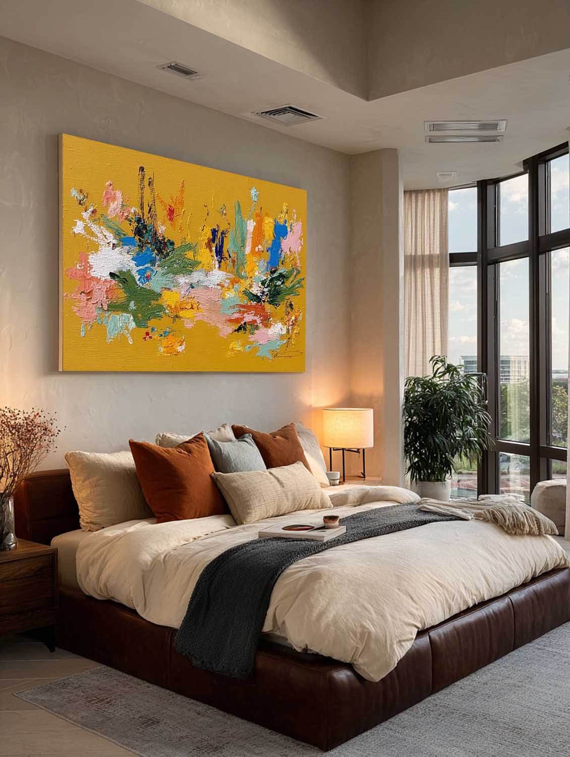 Large Horizontal Orange Floral Abstract Painting With Tactile Texture For Modern Living Room