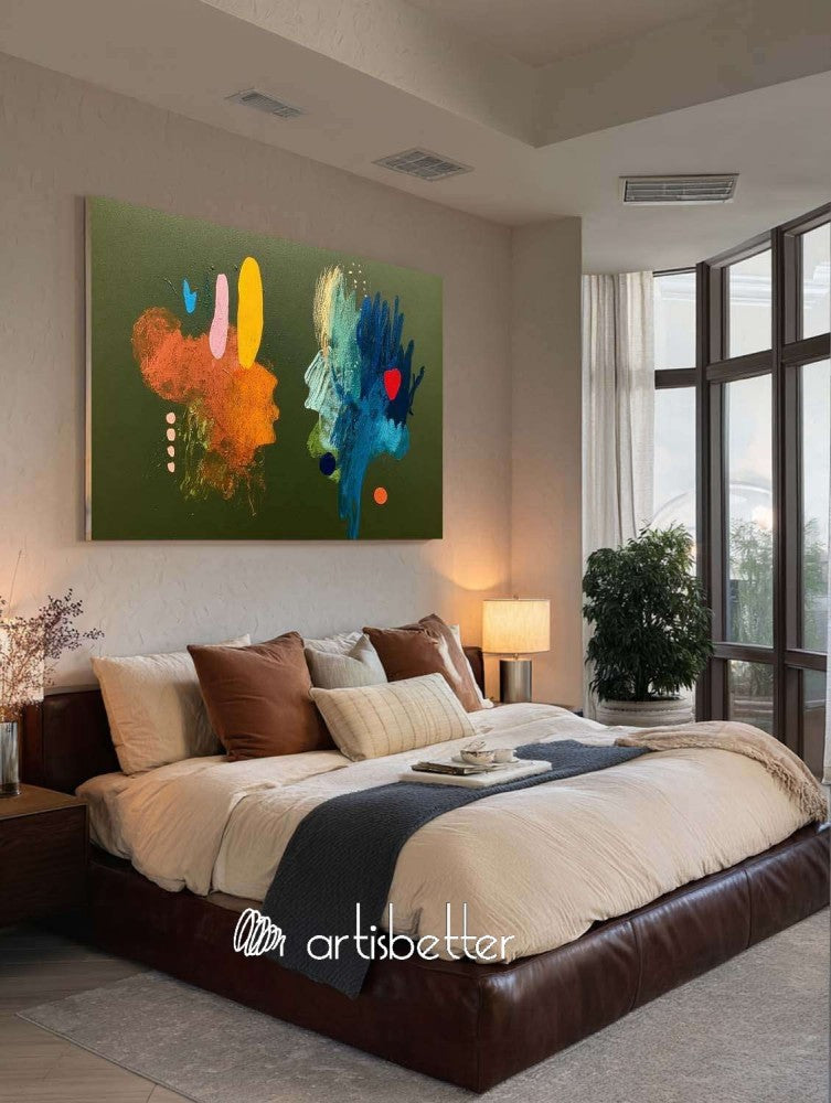 Minimalist Organic Modern Green Oil Painting Large Horizontal Framed Art For Mid-Century Home