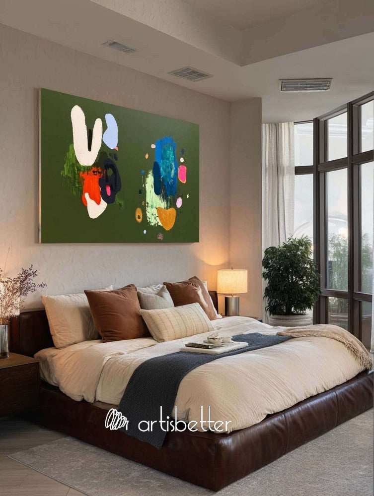 Large Horizontal Green Wall Art For Living Room With Abstract Figure Framed Painting