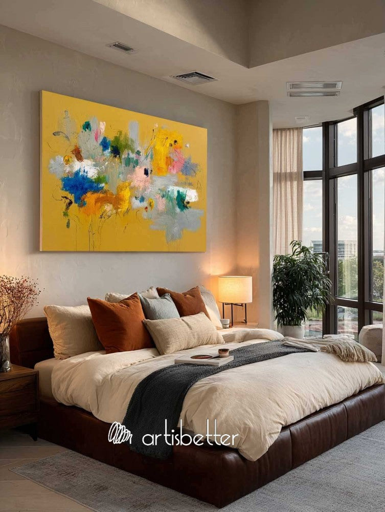 Large Horizontal Orange Floral Abstract Painting Modern Orange Abstract Flower Art