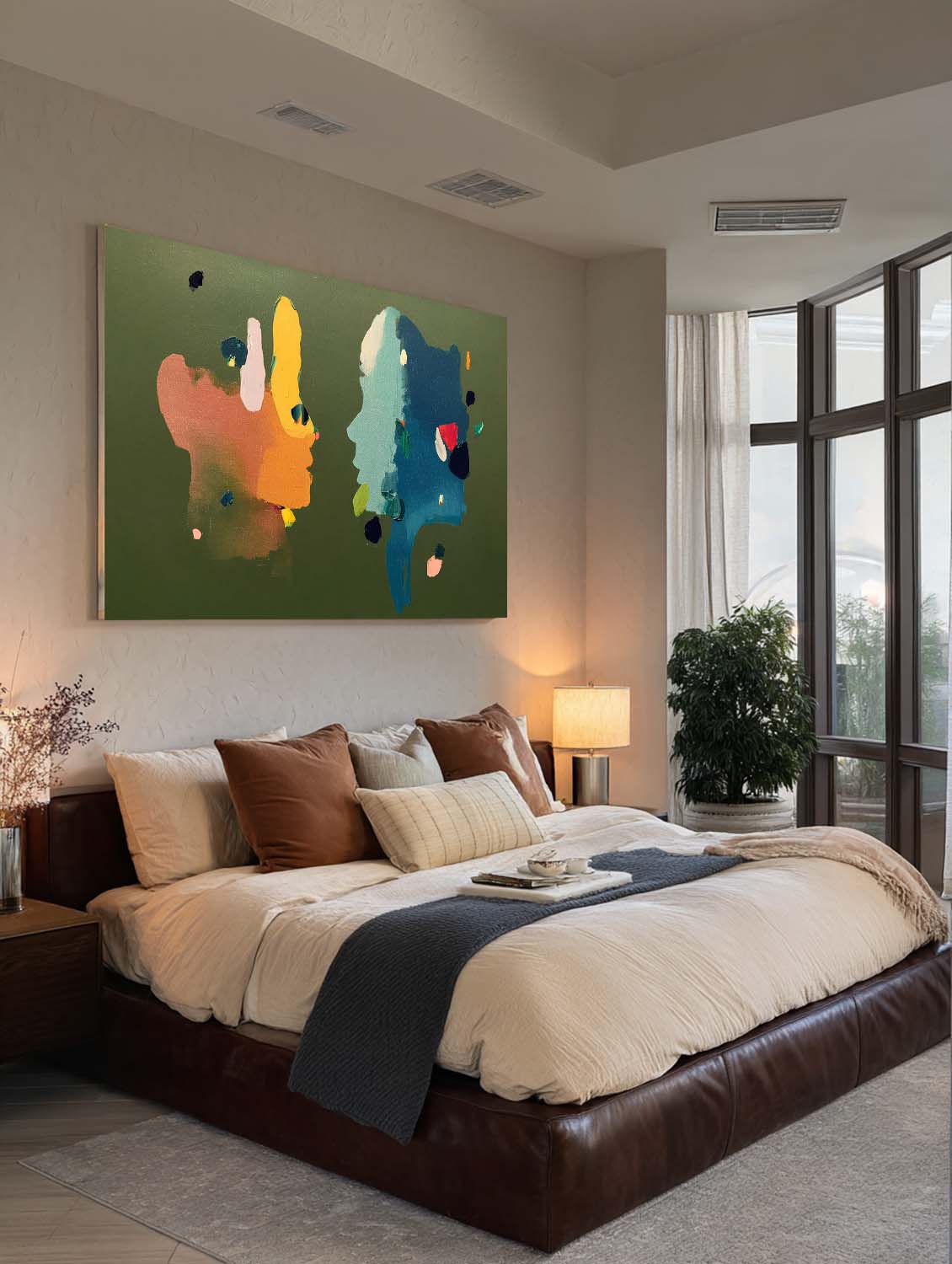 Modern Minimalist Person Portrait In Sage Green Horizontal Textured Canvas Art