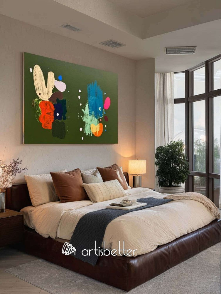 Japandi Essence Sage Green Minimalist Landscape Horizontal Hand Painted Art With Frame