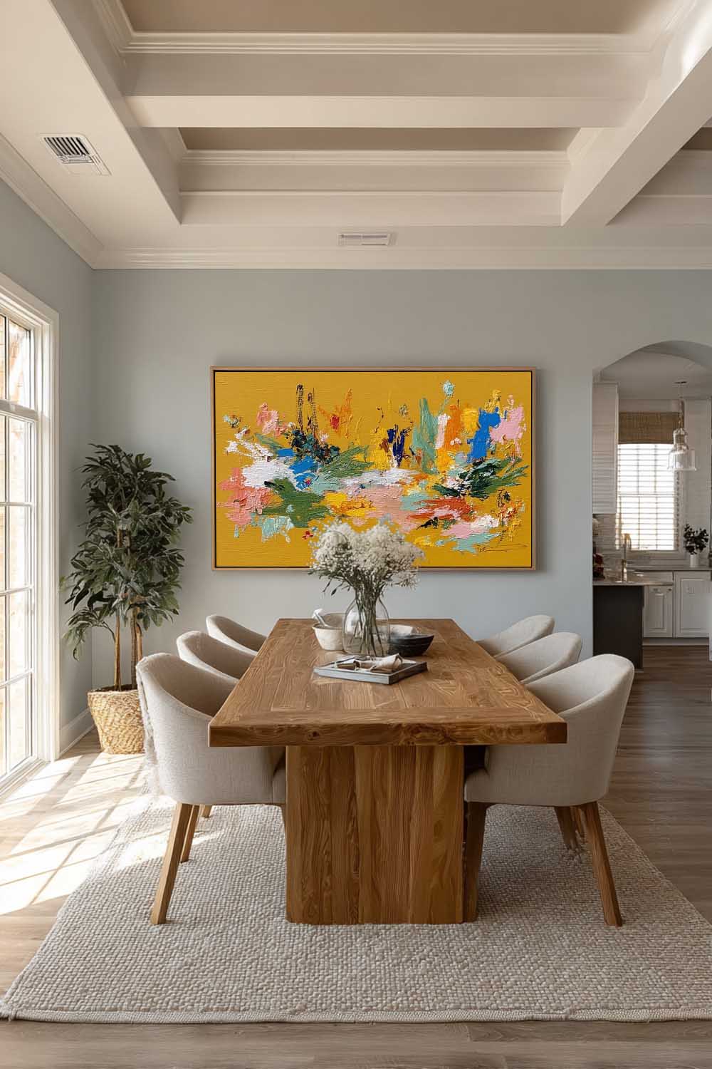 Large Horizontal Orange Floral Abstract Painting With Tactile Texture For Modern Living Room