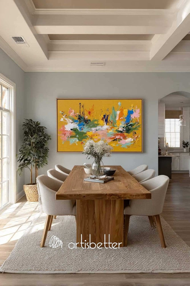 Large Horizontal Orange Floral Abstract Painting With Tactile Texture For Modern Living Room