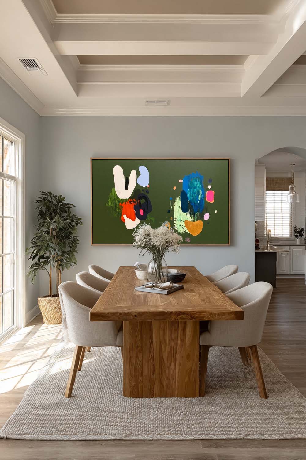 Large Horizontal Green Wall Art For Living Room With Abstract Figure Framed Painting