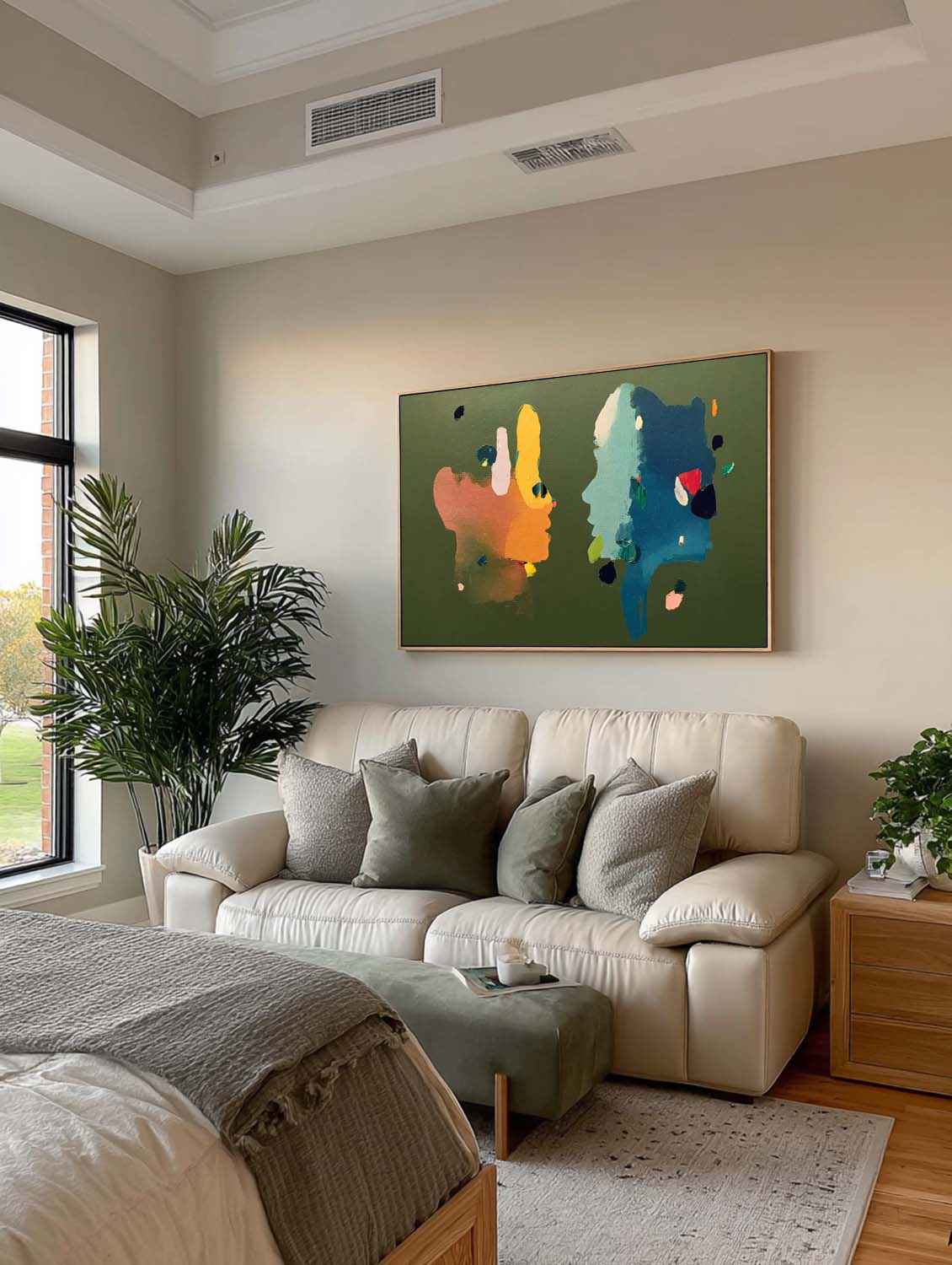 Modern Minimalist Person Portrait In Sage Green Horizontal Textured Canvas Art