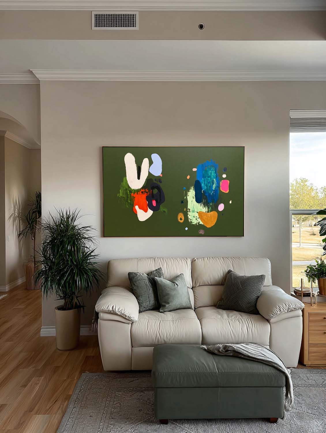 Large Horizontal Green Wall Art For Living Room With Abstract Figure Framed Painting
