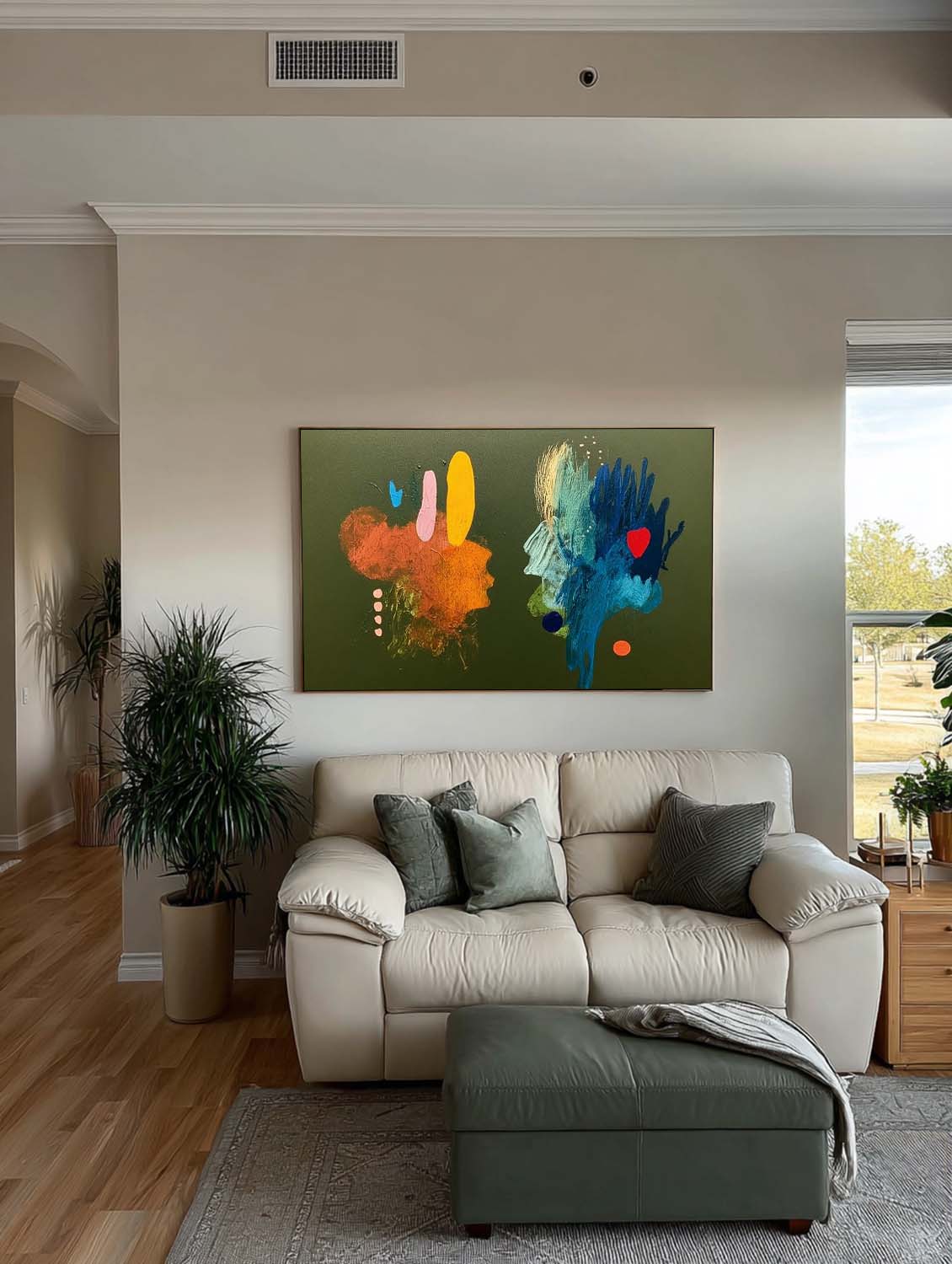 Minimalist Organic Modern Green Oil Painting Large Horizontal Framed Art For Mid-Century Home
