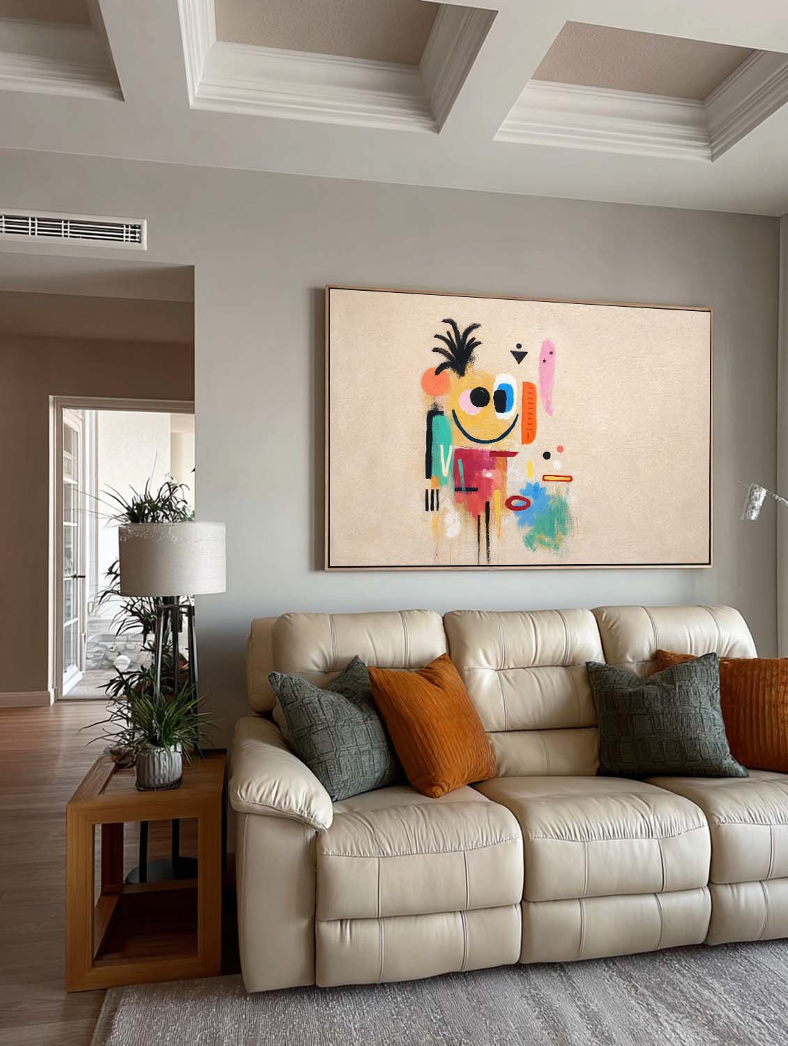 Large Horizontal Beige Abstract Character Painting With Artistic Texture For Modern Home
