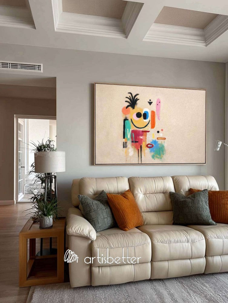 Large Horizontal Beige Abstract Character Painting With Artistic Texture For Modern Home