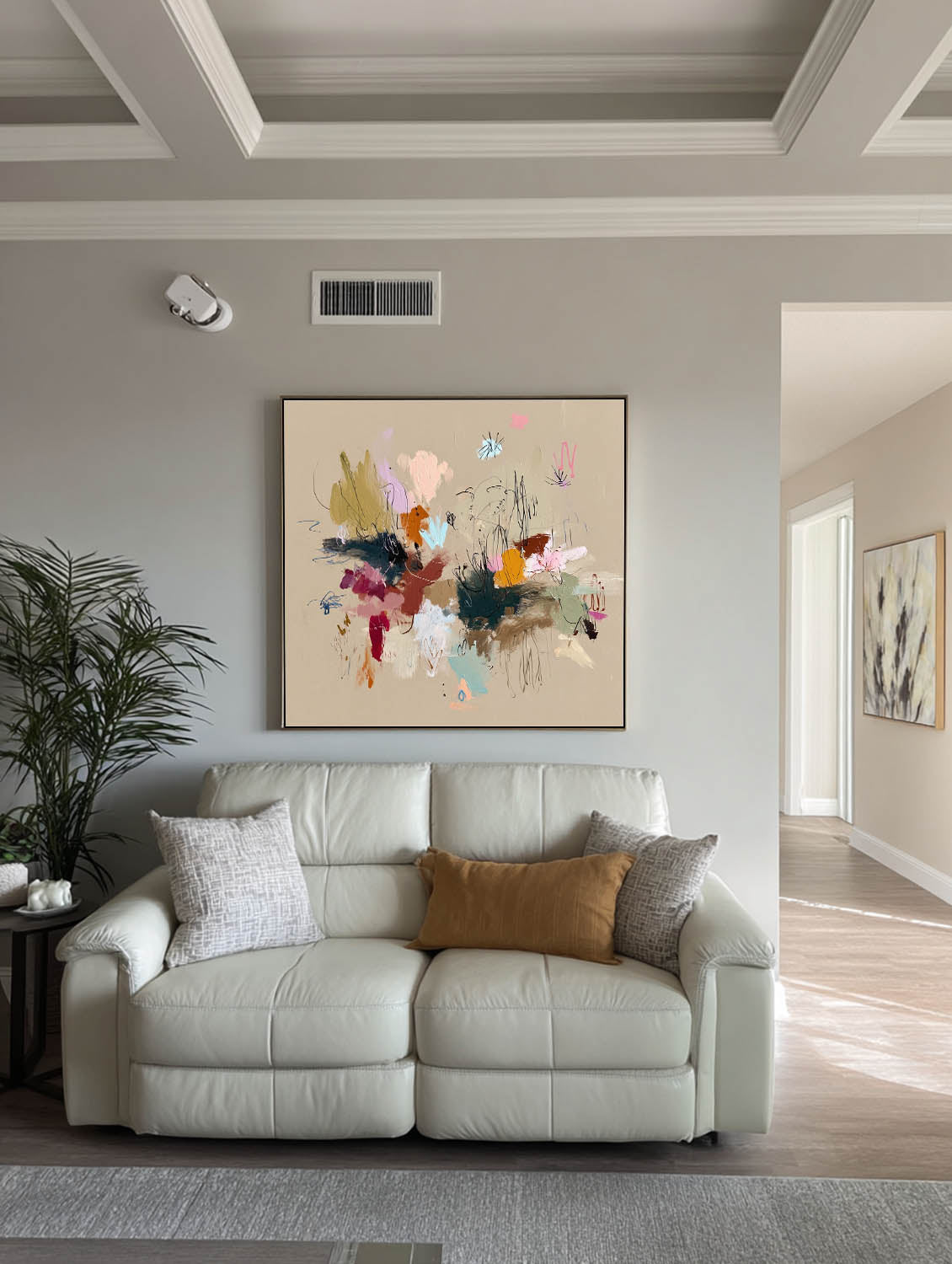 Handmade Abstract Expressionist Wall Art On Beige Canvas Original Colorful Painting For Contemporary Interiors