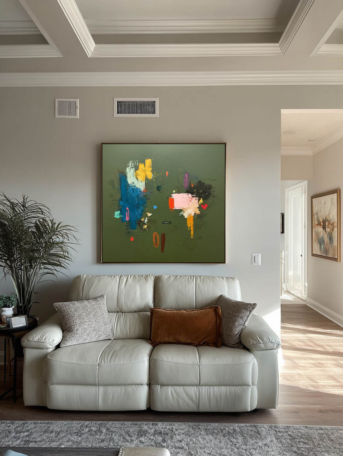 Original Handmade Colorful Oil Painting On Green Canvas Large Square Abstract Canvas Wall Art