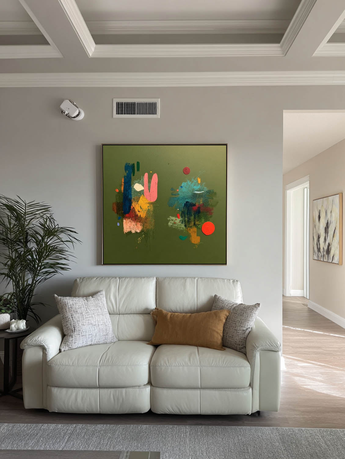 Original Handmade Colorful Abstract Oil Painting On Green Canvas Large Square Textured Modern Art