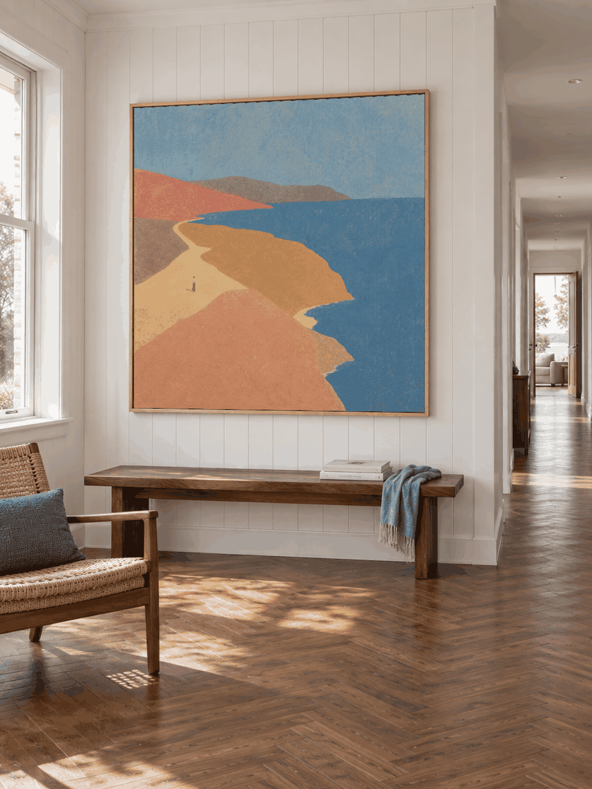 Modern Minimalist Seascape Painting In Earth Tones And Deep Blue Original Art
